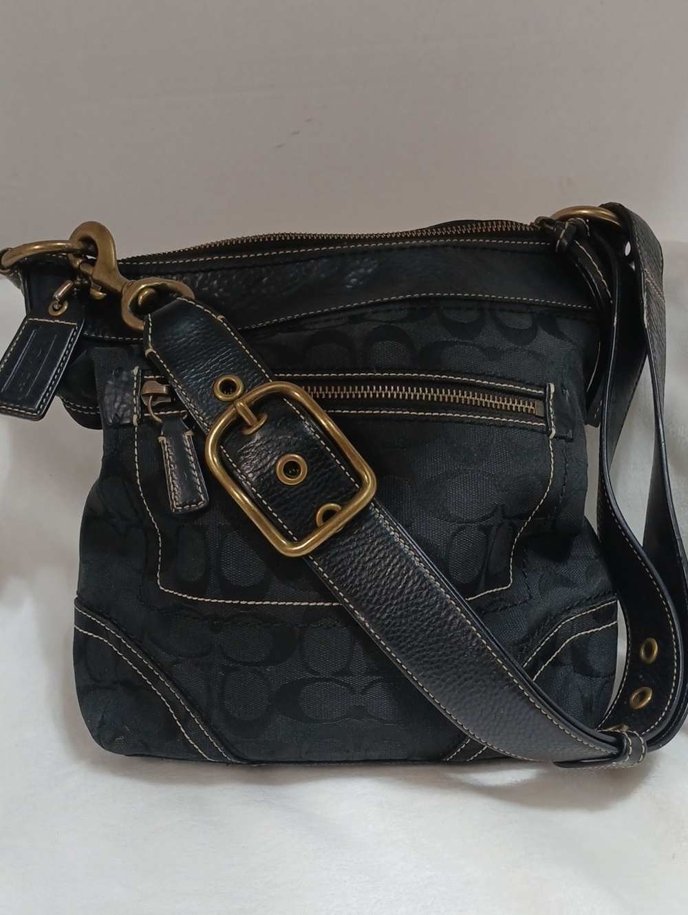 Vintage Coach Black Signature Canvas Crossbody with Brass Buckle